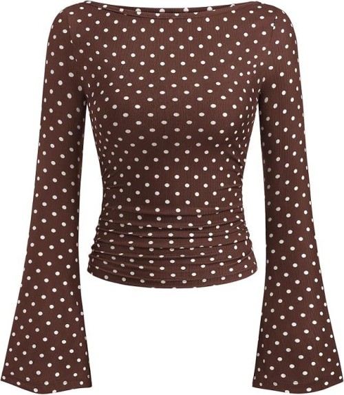 Womens Bell Sleeve Ribbed Knit Top Long Sleeve Casual Shirt