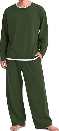 Mens Pajamas Set Soft Long Sleeve Pjs Top and Pants Loungewear Sets Comfy Sleepwear with Pockets,Big and Tall Matching