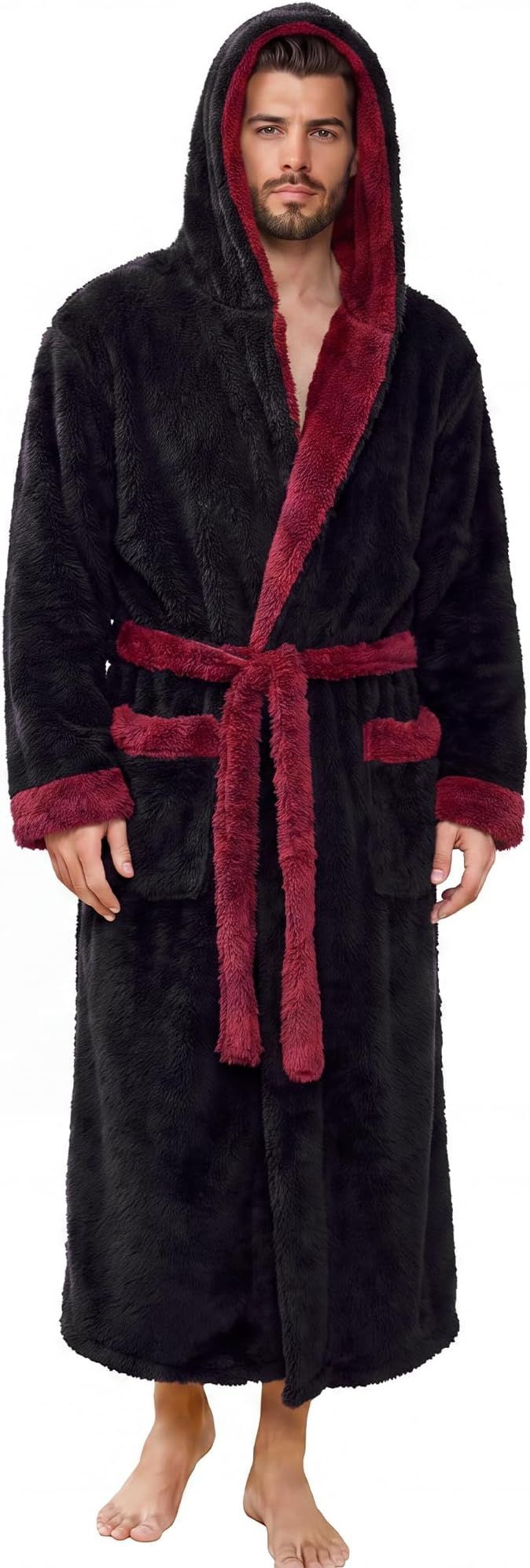 Mens Robe Big and Tall with Hood, Full Length Plush Robe for Men Long Fleece Bathrobe