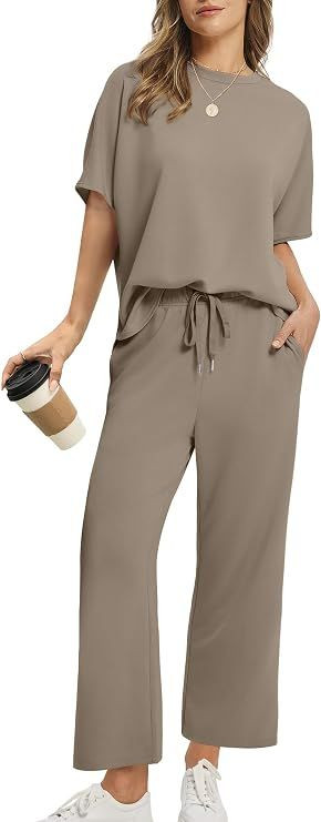 Two Piece Sets for Women Summer Outfits Oversized Wide Leg Crop Pants Lounge Sets Airport Beach Vacation Clothes