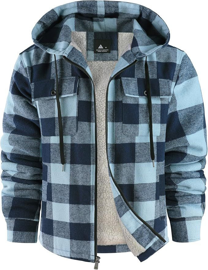 Warm Mens Zip Up Flannel Shirt Jacket with Sherpa Lined Hoodie