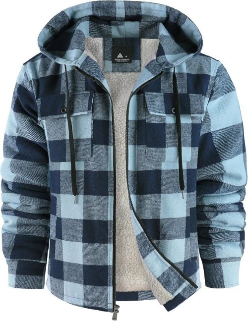 Warm Mens Zip Up Flannel Shirt Jacket with Sherpa Lined Hoodie
