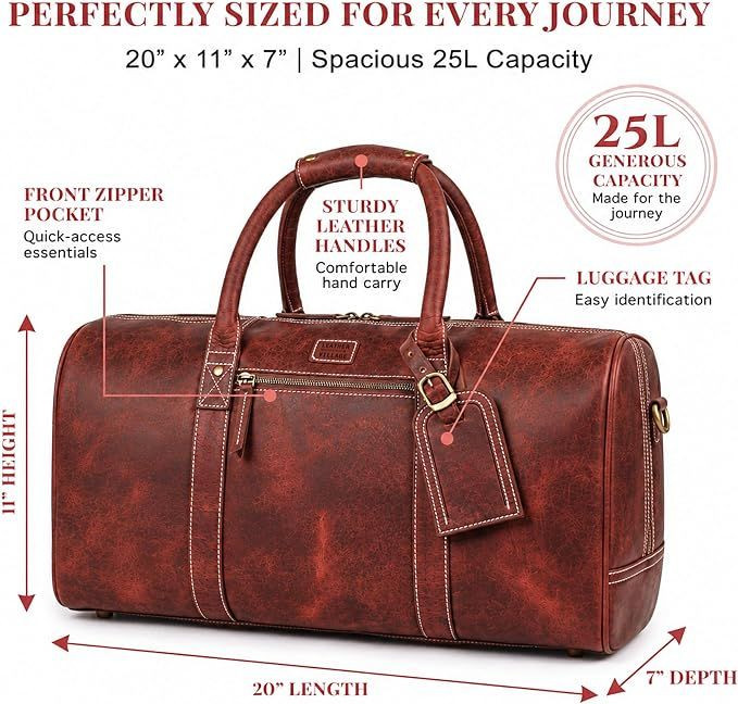 Leather Duffle Bag for Men Women 20 Inch 25L Red