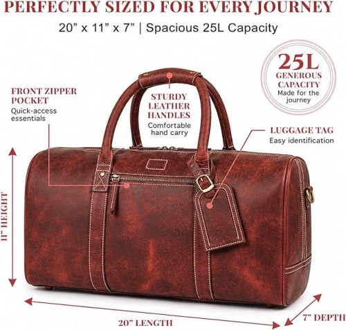 Leather Duffle Bag for Men Women 20 Inch 25L Red
