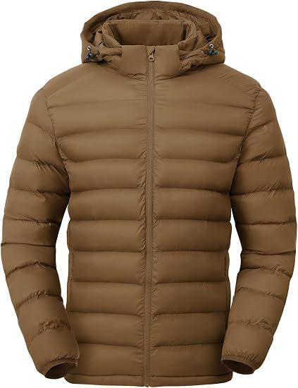 Mens Lightweight Puffer Jackets Detachable Hood Water-Resistant Casual Winter Coat Hooded Insulated for Travel Ski