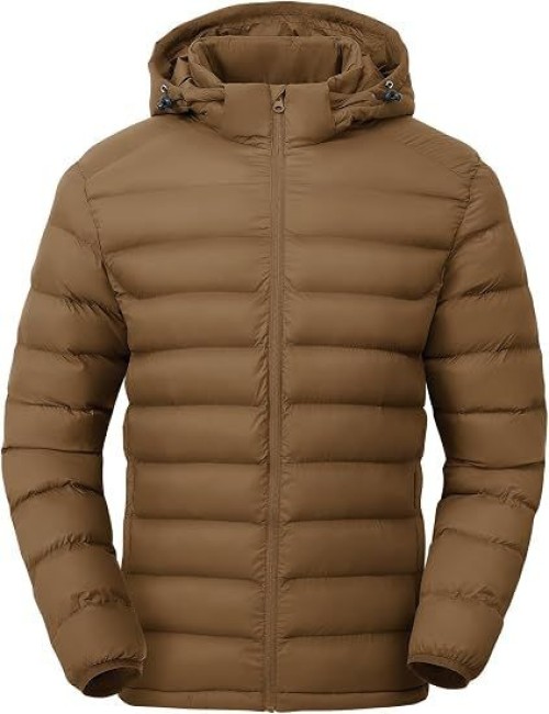 Mens Lightweight Puffer Jackets Detachable Hood Water-Resistant Casual Winter Coat Hooded Insulated for Travel Ski
