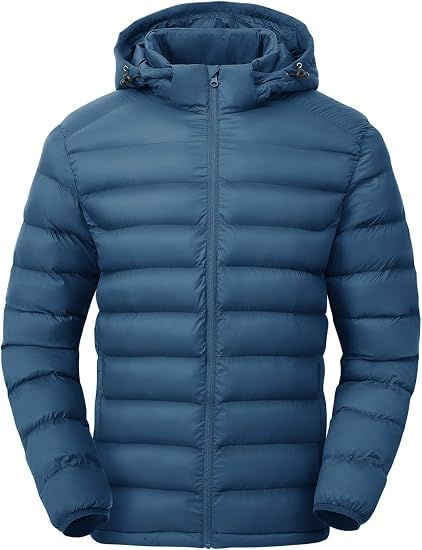 Mens Lightweight Puffer Jackets Detachable Hood Water-Resistant Casual Winter Coat Hooded Insulated for Travel Ski