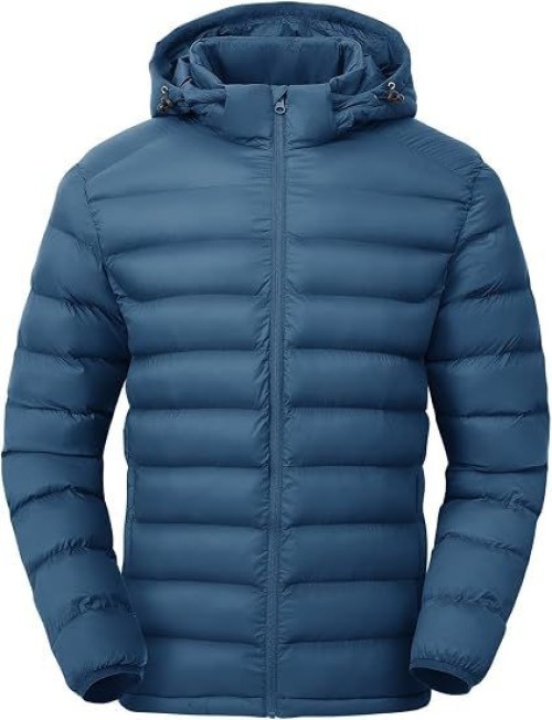 Mens Lightweight Puffer Jackets Detachable Hood Water-Resistant Casual Winter Coat Hooded Insulated for Travel Ski