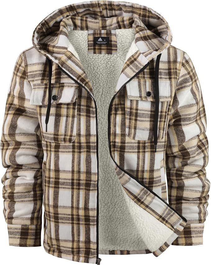Warm Mens Zip Up Flannel Shirt Jacket with Sherpa Lined Hoodie