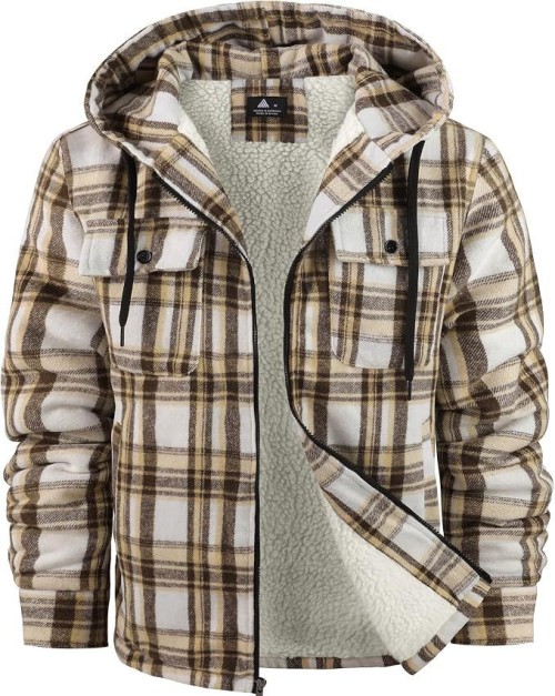Warm Mens Zip Up Flannel Shirt Jacket with Sherpa Lined Hoodie