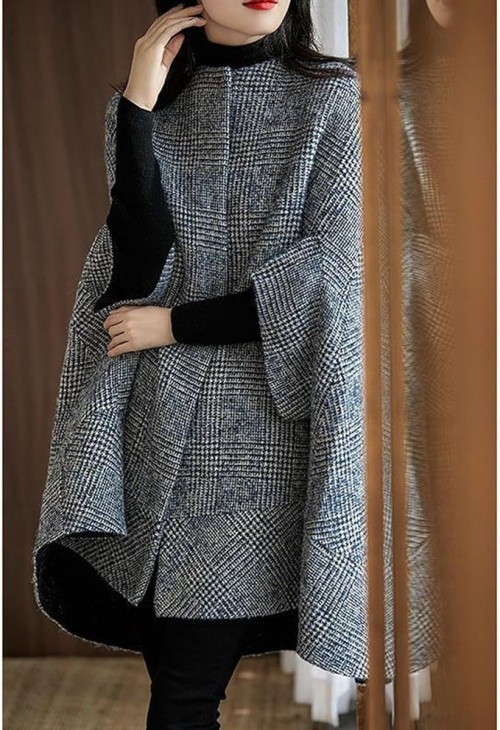 Womens Plaid Cape Coat Batwing Sleeve Tweed Winter Poncho Jacket