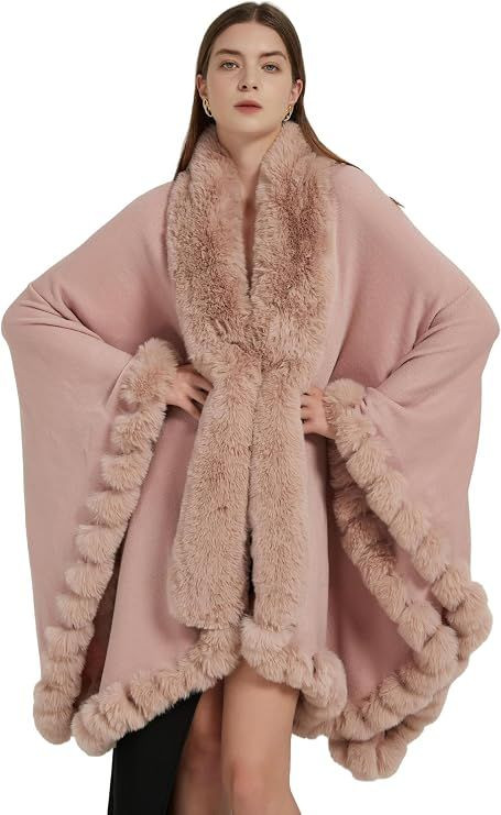 Faux Fox Fur Trim Cardigan Cloak Shawl Wraps Winter Poncho Oversized Cape