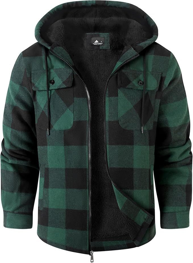Mens Flannel Jacket Sherpa Lined Plaid Fleece Hoodies Zip Up Coat