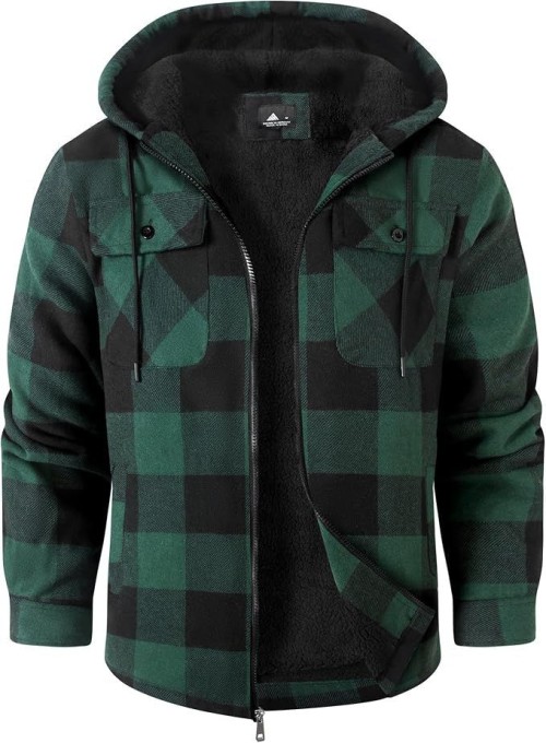 Mens Flannel Jacket Sherpa Lined Plaid Fleece Hoodies Zip Up Coat