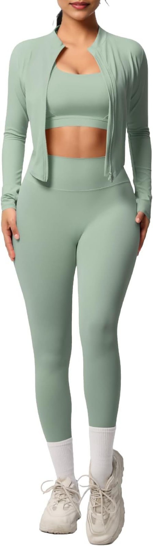 3 Piece Women’s Workout Set – Zip-Up Jacket, Sports Bra & High-Waist Leggings – Stretchy Breathable Yoga Outfit