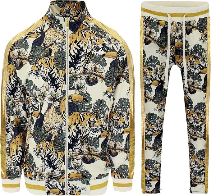 Mens 2-Piece Tracksuit Set Cotton Blend Zip-Up Jogging Sweatsuit With Trim