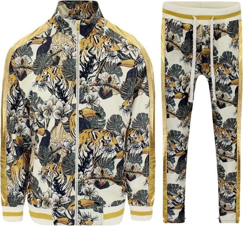 Mens 2-Piece Tracksuit Set Cotton Blend Zip-Up Jogging Sweatsuit With Trim