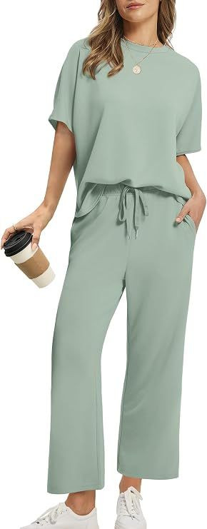 Two Piece Sets for Women Summer Outfits Oversized Wide Leg Crop Pants Lounge Sets Airport Beach Vacation Clothes