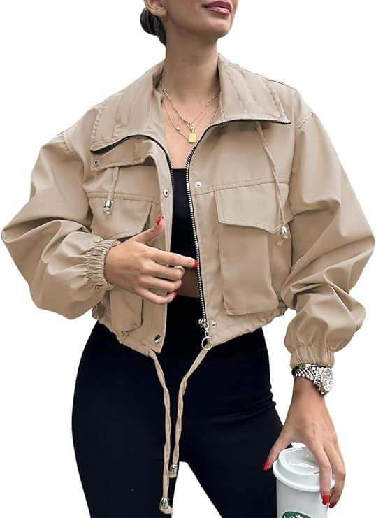 Womens Cropped Jacket Zip Up Lightweight Oversized Utility Anorak Casual,Trench Coat with Pocket,Military,Drawstring,S
