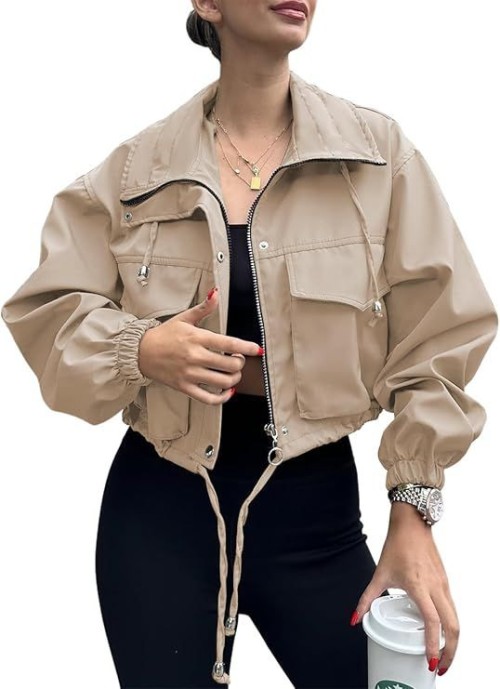 Womens Cropped Jacket Zip Up Lightweight Oversized Utility Anorak Casual,Trench Coat with Pocket,Military,Drawstring,S