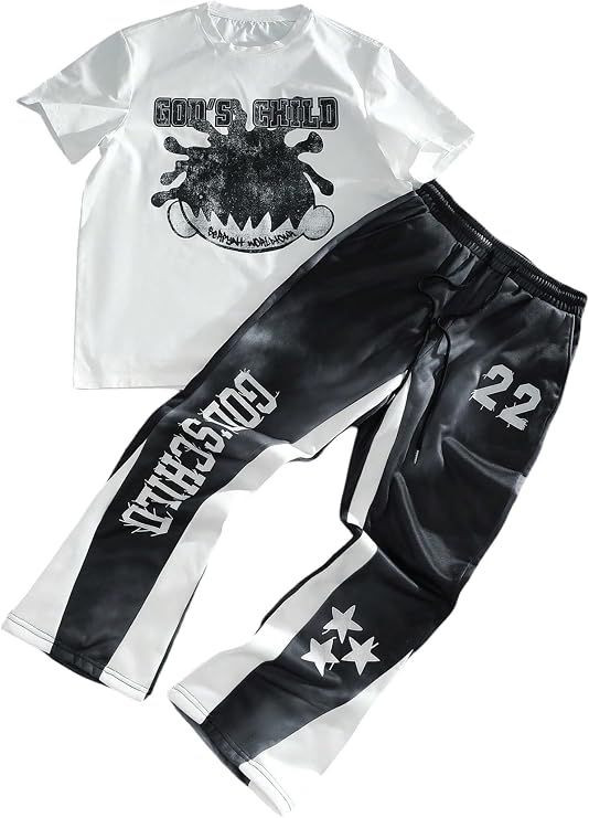 Mens Y2K Outfits 2 Piece Graphic Tee and Pants Rave Sweatsuits Set