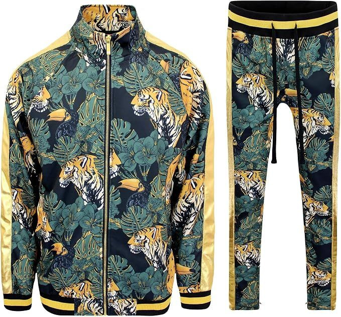 Mens 2-Piece Tracksuit Set Cotton Blend Zip-Up Jogging Sweatsuit With Trim