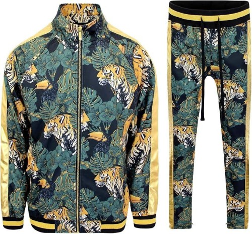 Mens 2-Piece Tracksuit Set Cotton Blend Zip-Up Jogging Sweatsuit With Trim