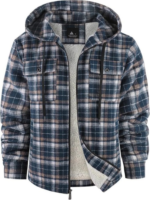 Warm Mens Zip Up Flannel Shirt Jacket with Sherpa Lined Hoodie