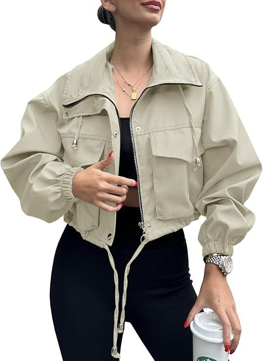 Womens Cropped Jacket Zip Up Lightweight Oversized Utility Anorak Casual,Trench Coat with Pocket,Military,Drawstring,S