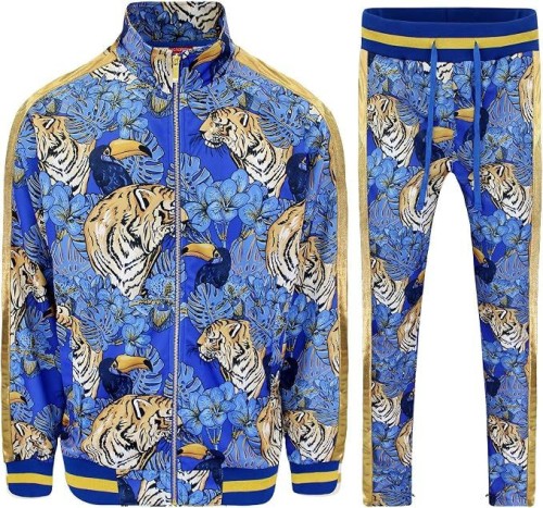 Mens 2-Piece Tracksuit Set Cotton Blend Zip-Up Jogging Sweatsuit With Trim