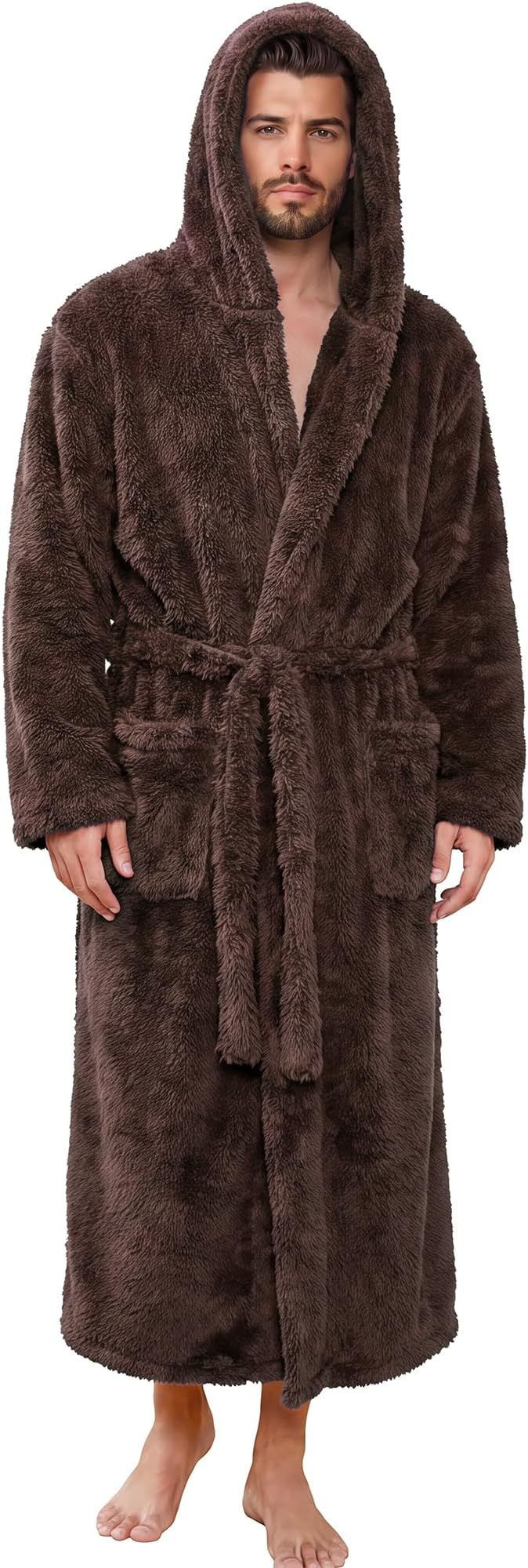Mens Robe Big and Tall with Hood, Full Length Plush Robe for Men Long Fleece Bathrobe
