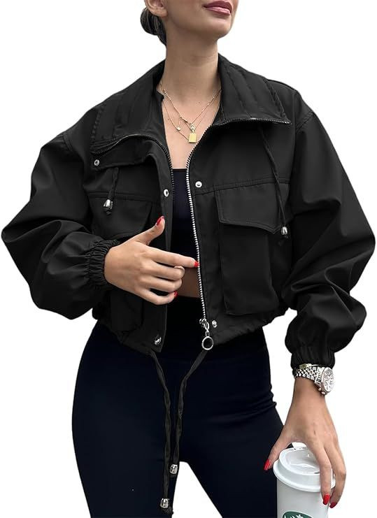 Womens Cropped Jacket Zip Up Lightweight Oversized Utility Anorak Casual,Trench Coat with Pocket,Military,Drawstring,S