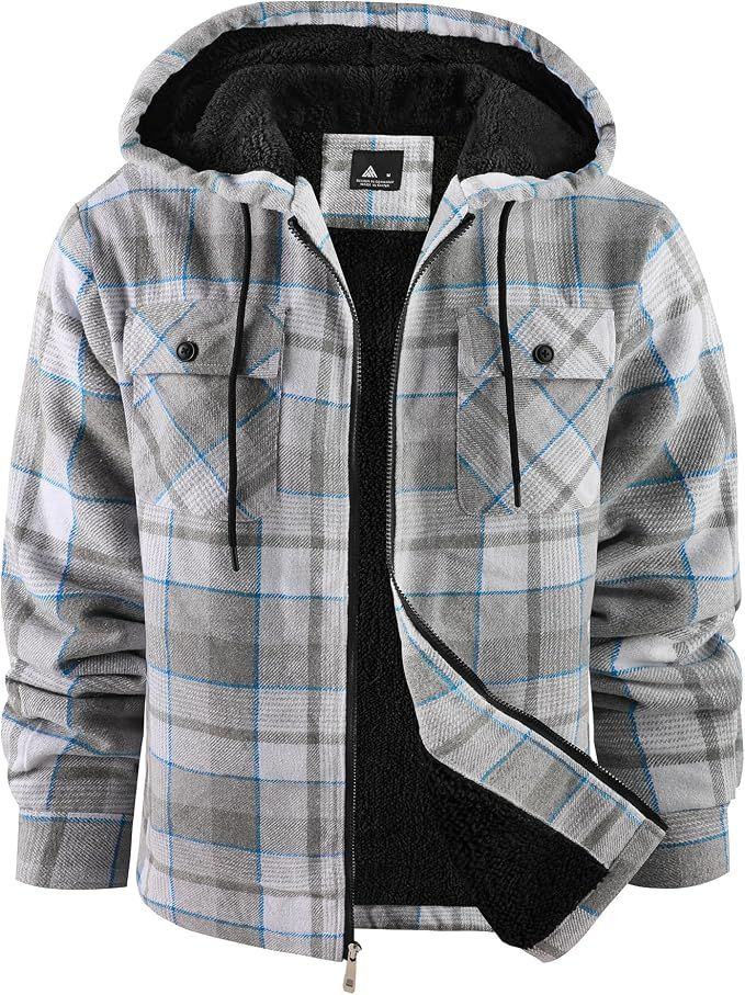Mens Flannel Jacket Sherpa Lined Plaid Fleece Hoodies Zip Up Coat