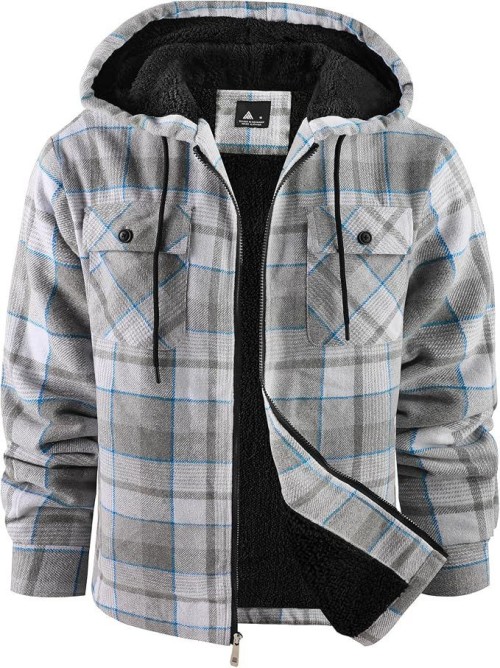 Mens Flannel Jacket Sherpa Lined Plaid Fleece Hoodies Zip Up Coat