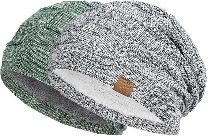 Winter Hats for Guys Cool Beanies Mens Lined Knit Warm Thick Skully Stocking Binie Hat Pairs