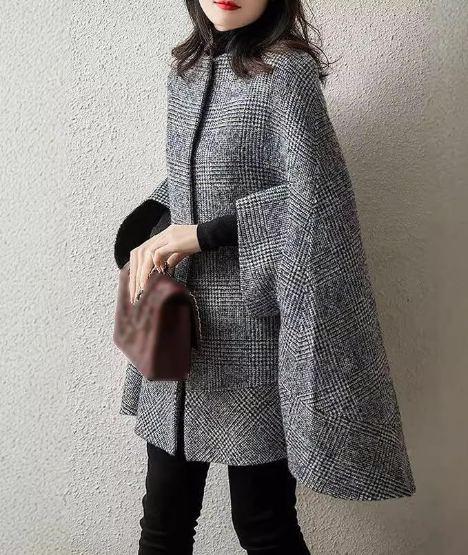 Womens Plaid Cape Coat Batwing Sleeve Tweed Winter Poncho Jacket