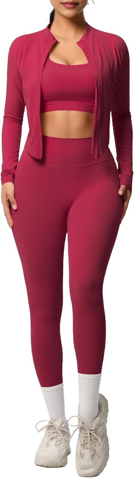 3 Piece Women’s Workout Set – Zip-Up Jacket, Sports Bra & High-Waist Leggings – Stretchy Breathable Yoga Outfit