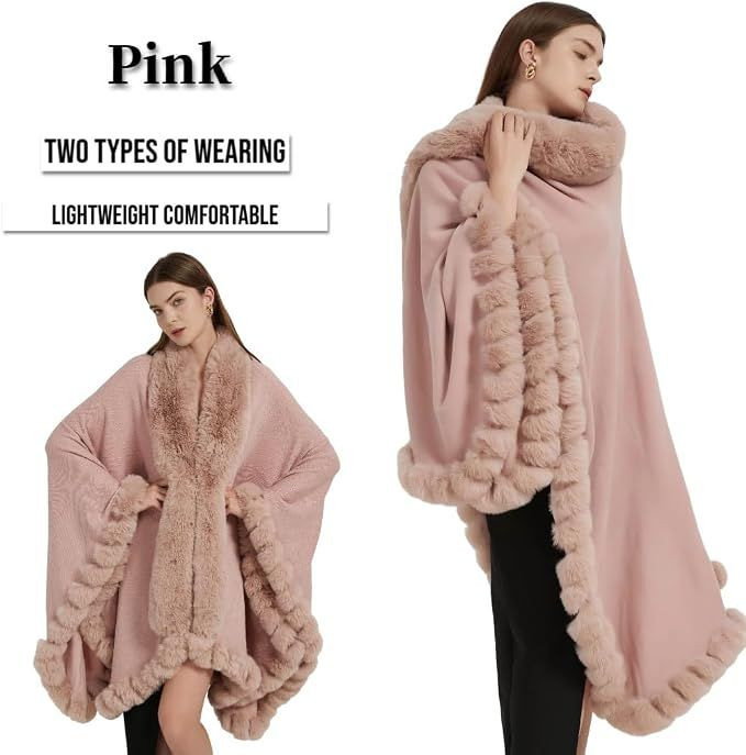 Faux Fox Fur Trim Cardigan Cloak Shawl Wraps Winter Poncho Oversized Cape