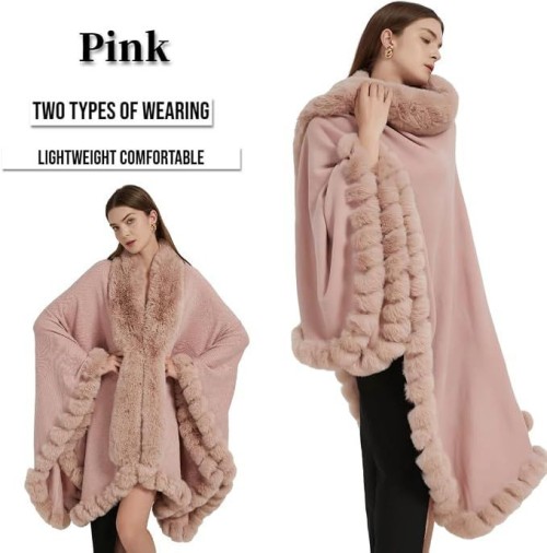 Faux Fox Fur Trim Cardigan Cloak Shawl Wraps Winter Poncho Oversized Cape