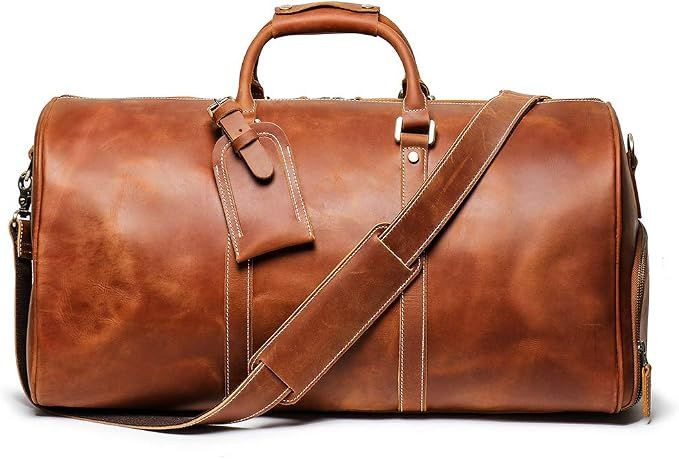 Leather Travel Duffel Bag, Mens Classic Gift Leather Weekend Bag Overnight Full Grain Retro Sport Gym Carry on Luggage