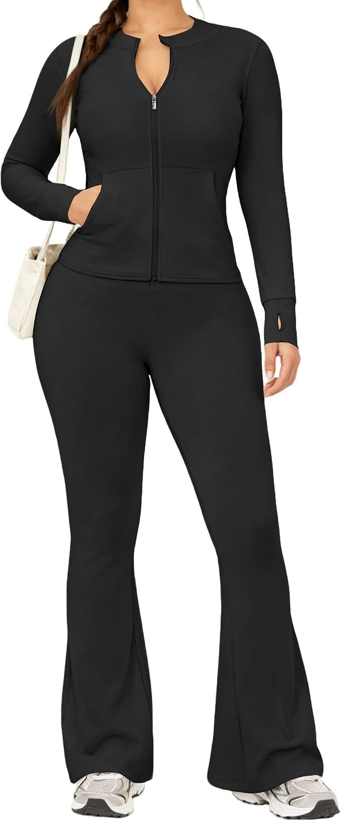 Womens 2 Piece Set Long Sleeve Jacket & Ankle Length Workout Flare Leggings Casual Matching Outfit Tracksuit Sweatsuit