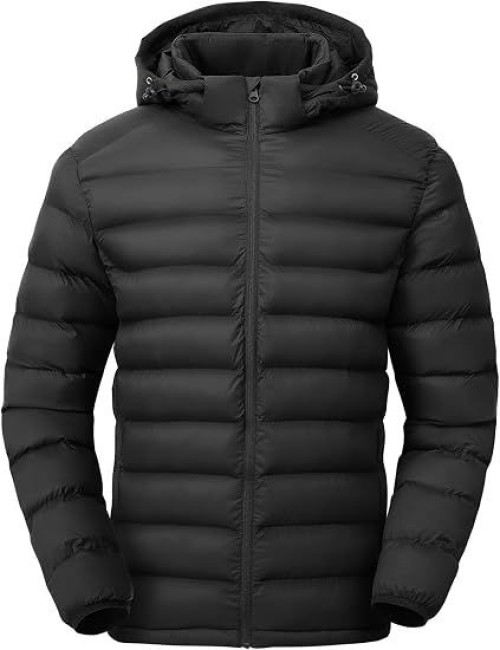 Mens Lightweight Puffer Jackets Detachable Hood Water-Resistant Casual Winter Coat Hooded Insulated for Travel Ski