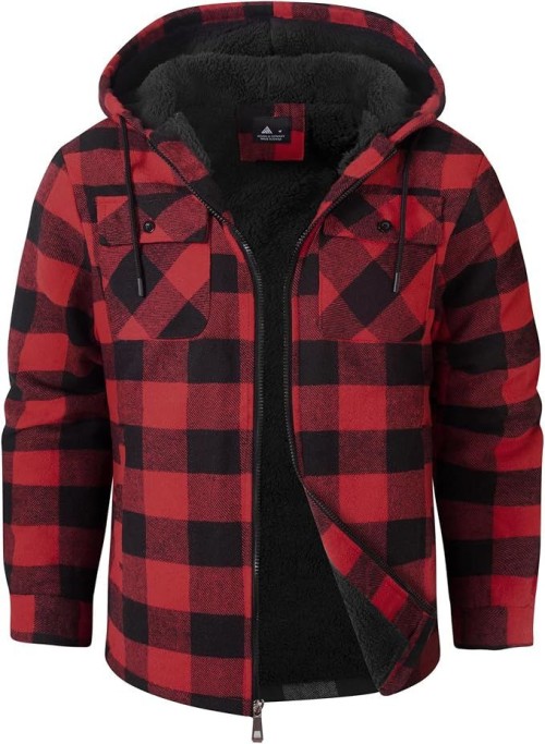 Mens Flannel Jacket Sherpa Lined Plaid Fleece Hoodies Zip Up Coat