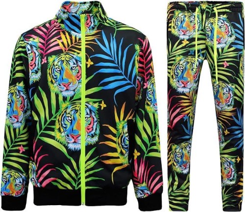 Mens 2-Piece Tracksuit Set Cotton Blend Zip-Up Jogging Sweatsuit With Trim