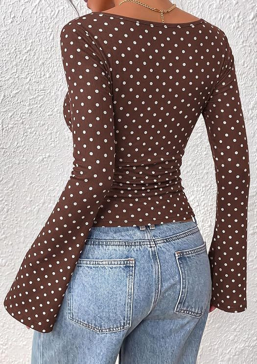 Womens Bell Sleeve Ribbed Knit Top Long Sleeve Casual Shirt
