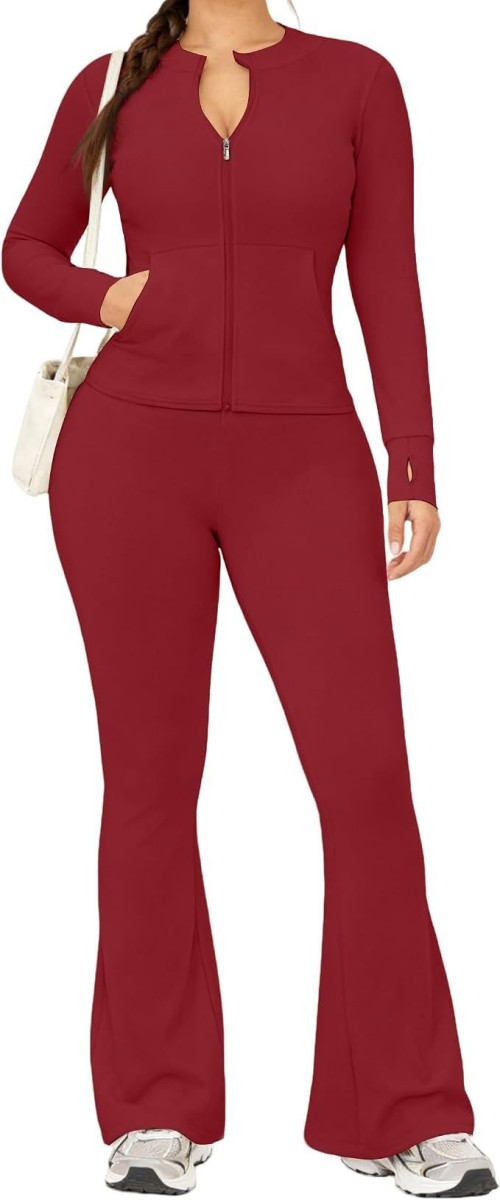 Womens 2 Piece Set Long Sleeve Jacket & Ankle Length Workout Flare Leggings Casual Matching Outfit Tracksuit Sweatsuit