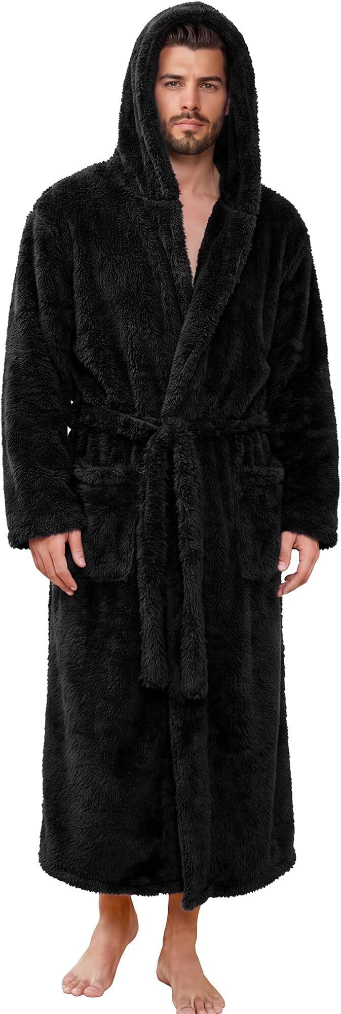 Mens Robe Big and Tall with Hood, Full Length Plush Robe for Men Long Fleece Bathrobe