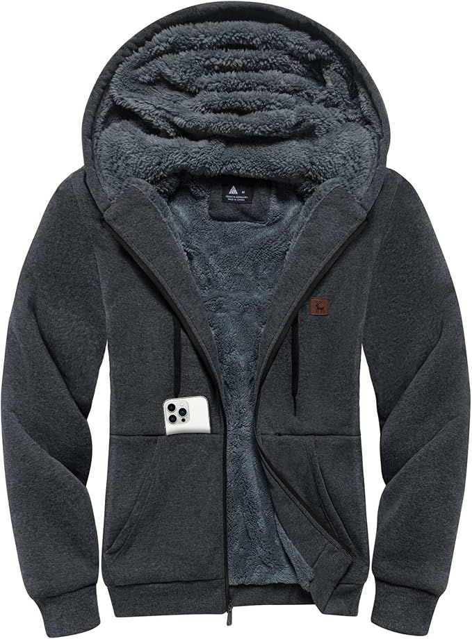 Mens Zip Up Hoodies Fleece Sherpa Lined Winter Thick Jackets