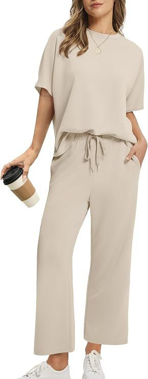 Two Piece Sets for Women Summer Outfits Oversized Wide Leg Crop Pants Lounge Sets Airport Beach Vacation Clothes