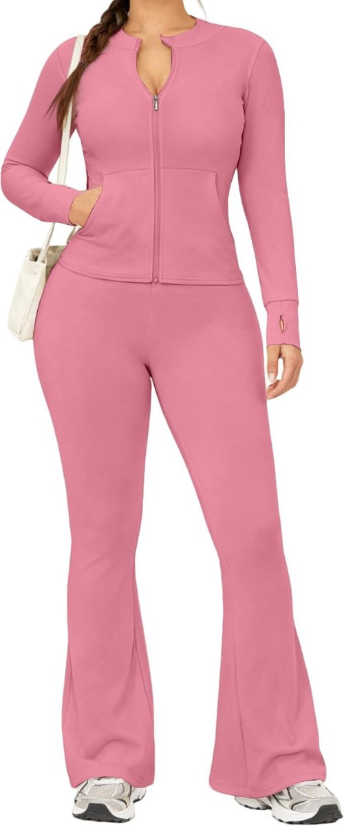 Womens 2 Piece Set Long Sleeve Jacket & Ankle Length Workout Flare Leggings Casual Matching Outfit Tracksuit Sweatsuit